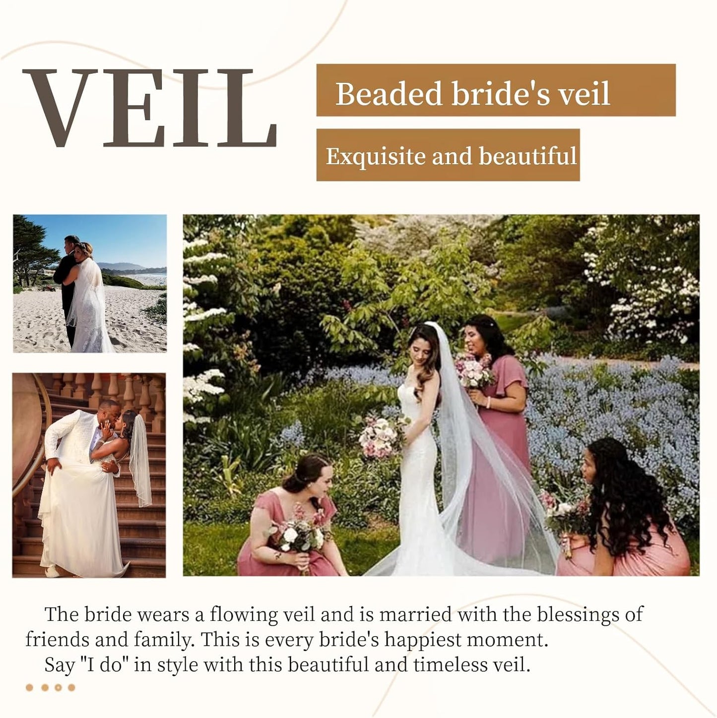 Bridal Veils Pearls and Crystals Beaded Edge Fingertip Length Wedding Veil for Women