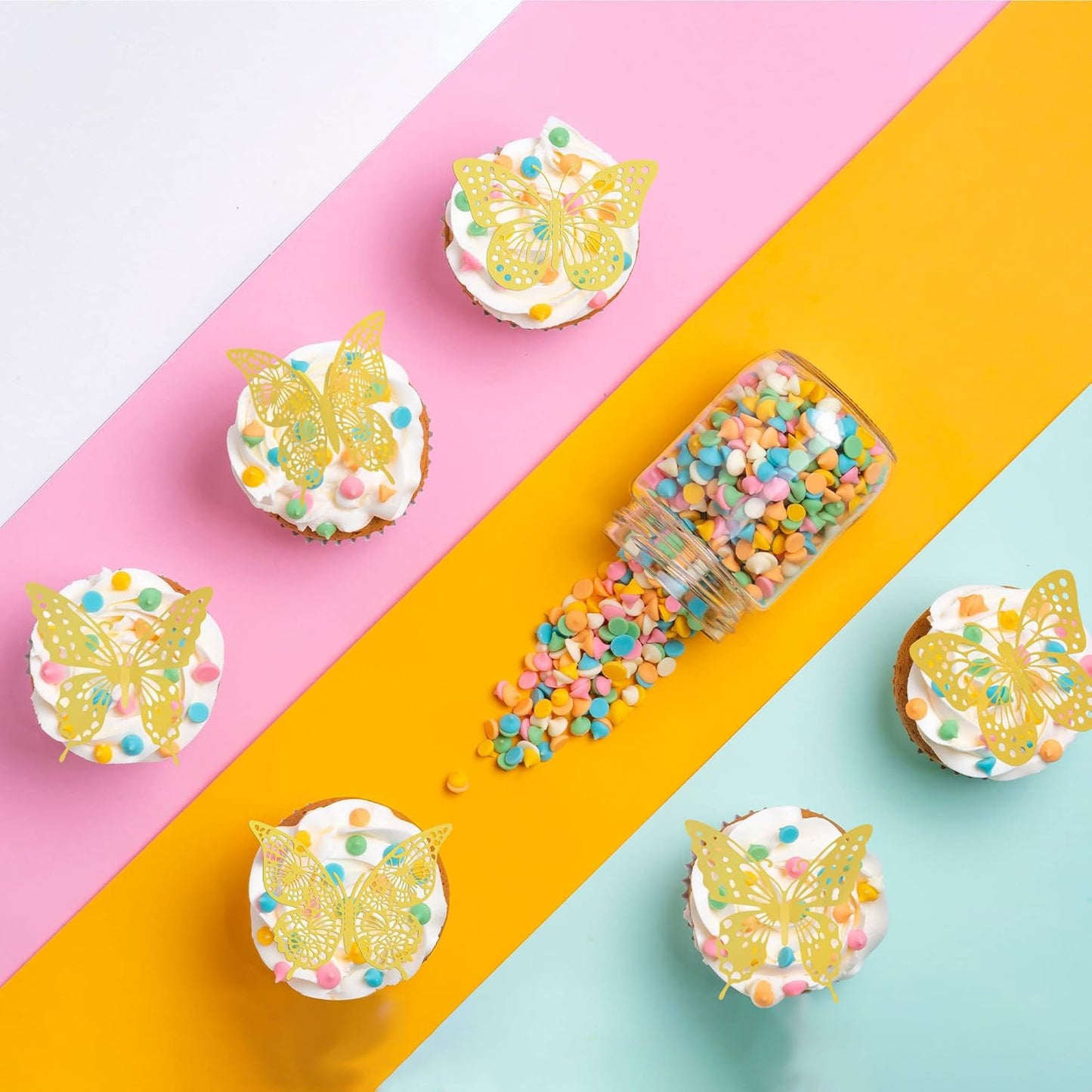 Gyufise 36 Pack Gold Glitter 3D Butterfly Cupcake Toppers Hollow Cake Decorations for Birthday Wedding Fairy Party Wall Sticker Decal