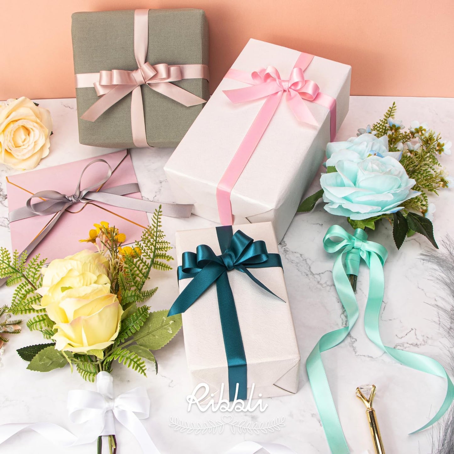 Ribbli Aqua Blue Satin Ribbon 5/8 inch x Continuous 25 Yards,Double Faced Satin Use for Craft, Gift Wrapping, Christmas Ornaments, Hair Bows, Bouquet Bows