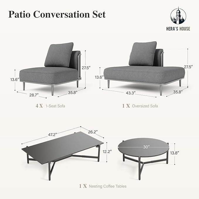 HERA'S HOUSE Metal Patio Furniture Set, Modular 6 Seats and 1 Nesting Coffee - Image 9