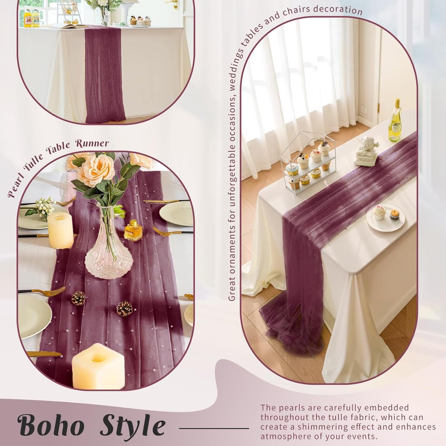 Set of 6 Pearl Table Runner 29 x 120 Inch Tulle Fabric Lace Table Runners Boho Rustic Tablecloth for Bridal Shower Birthday Party Wedding Arch Aisle Veil Dessert Table Decor(Burgundy)