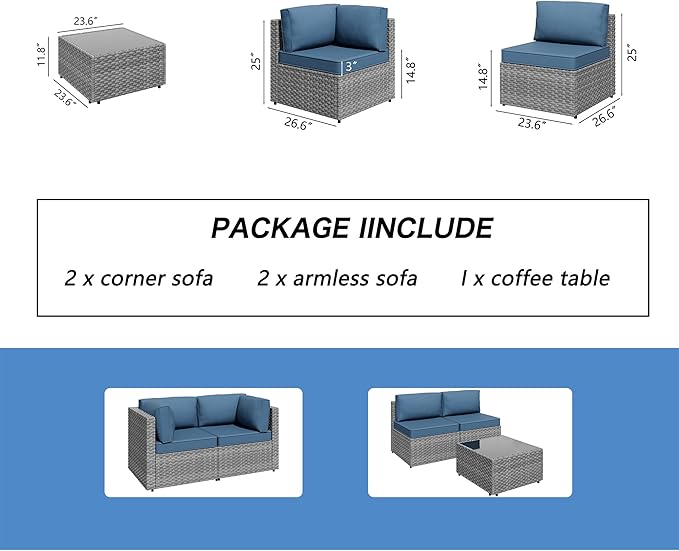 Shintenchi 5 Pieces Outdoor Patio Furniture Sets, Patio Sectional Sofa Couch - Image 8