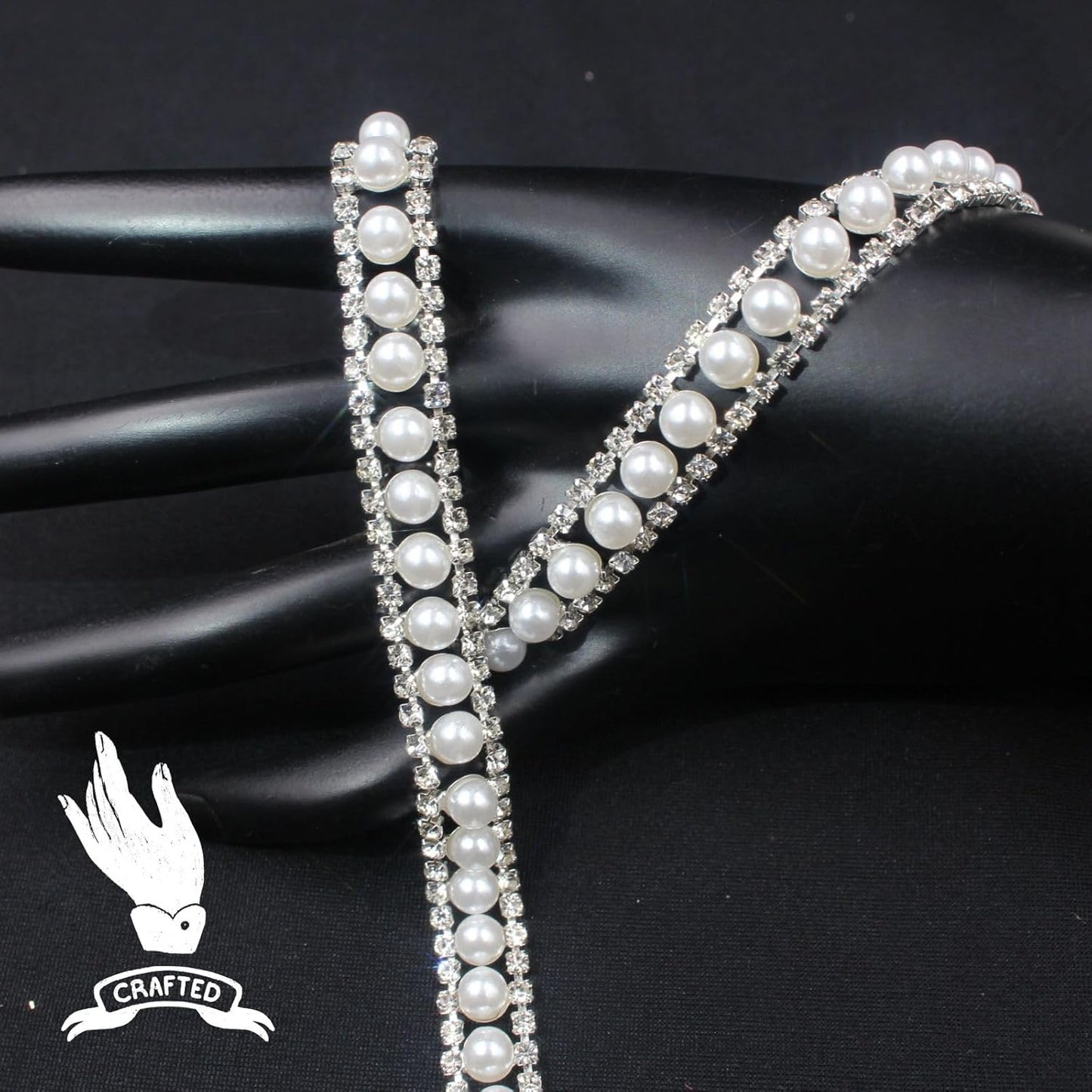 PEARLY JUN 1 Yard Pearl Rhinestone Trim Chain Silver Crystal Fringe Diamond Applique Ribbon String Tassel Strip (Silver-150, 1 Yard)