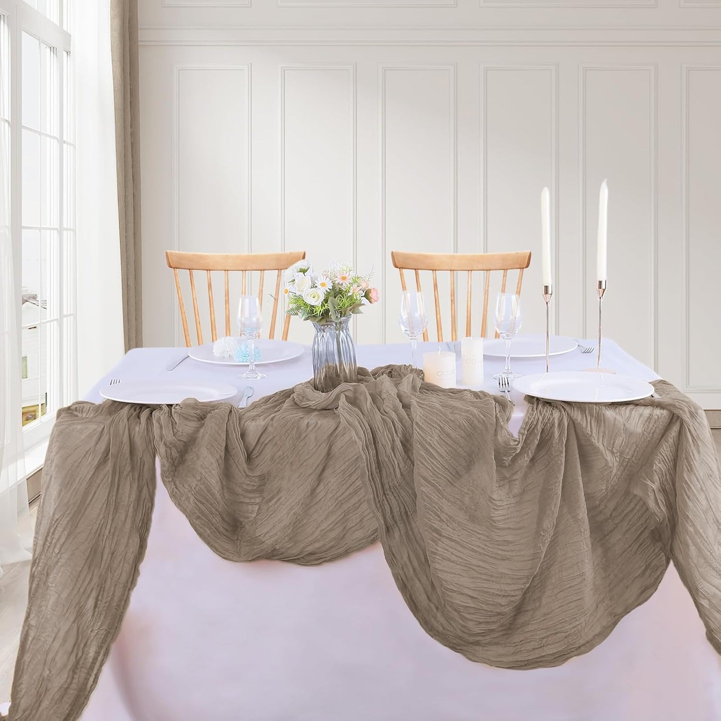 16PCS Nude Cheesecloth Table Runner 10FT Table Runner Cheesecloth 35x120Inch Boho Gauze Cheese Cloth Table Runner Long Rustic Sheer Table Runners for Wedding Party Baby Bridal Shower Table Decor