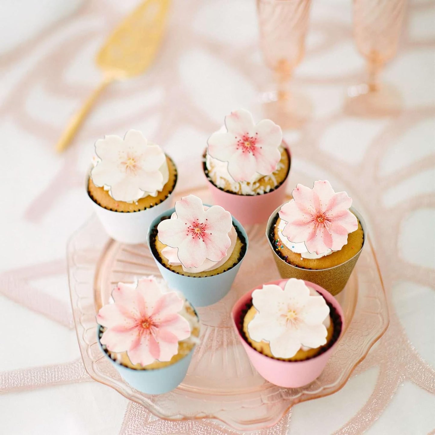 Ephlyn 54Pcs Edible Cherry Blossom Cake Decoration Spring Flowers Cupcake Toppers Wafer Paper Flowers Cake Decoration Wedding Birthday Baby Shower Party Supplies Multicolor