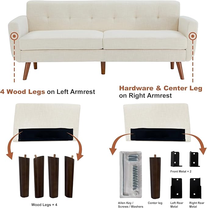 Tbfit 77.2" W Linen Sofa Couch, Mid Century Modern Decor Loveseat Couches - Image 9