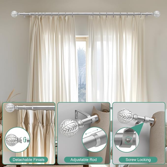 QDWIS Silver Curtain Rods for Windows 28 to 48 inch, Rustic Decorative Drapery - Image 9