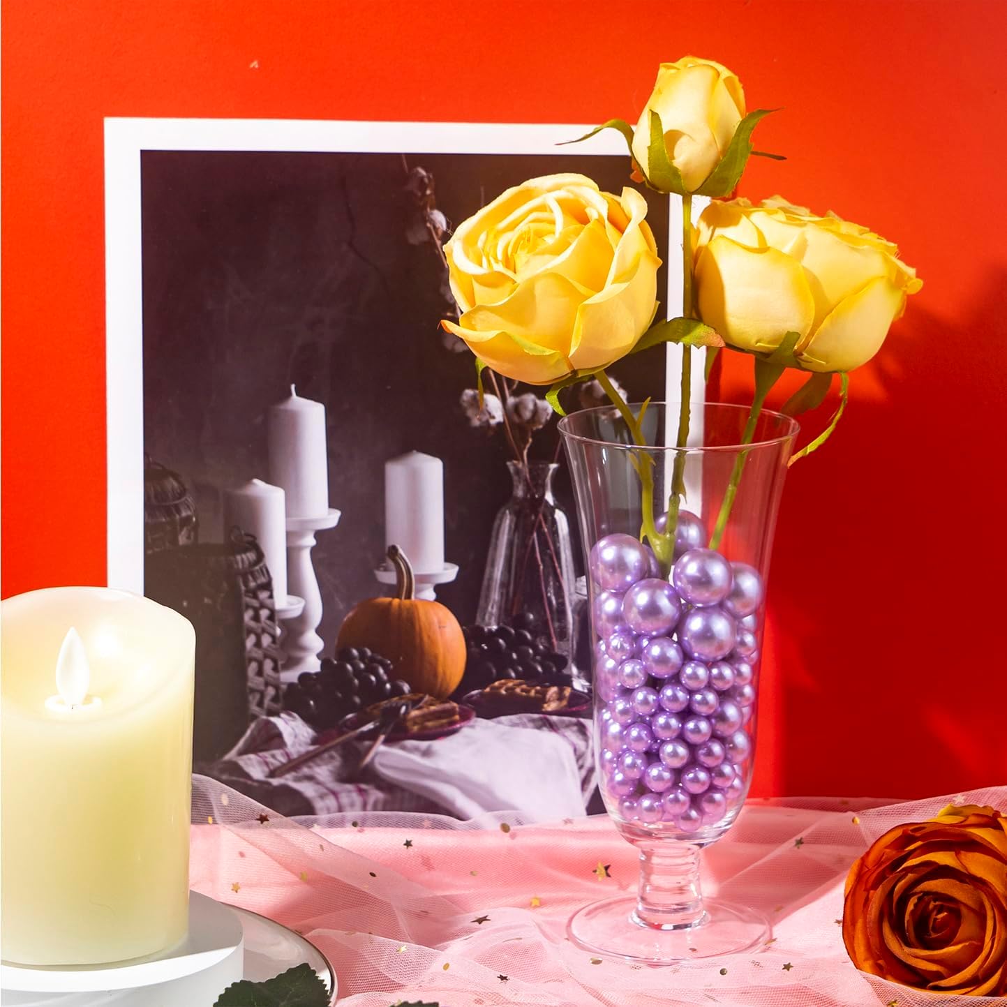 120 PCS 8/14/20mm No Hole Polish Pearl Beads for Centerpiece, Light Purple Beads Decorative Vase Fillers, Plastics Pearls for Vases, Table Scatters, Wedding Party Decor