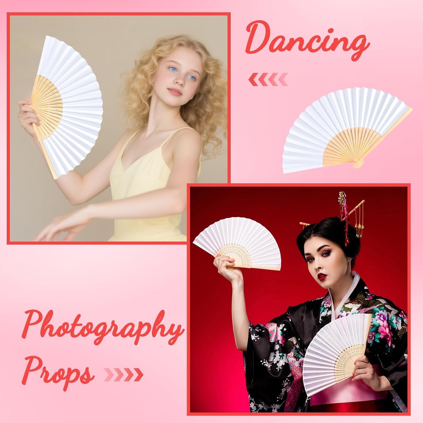 NEBURORA 6Pcs White Handheld Paper Fans 8.3 Inch Hand Held Bamboo Fans Foldable for Wedding Decoration Outdoor Party Favors DIY Decoration Dancing Photography Props