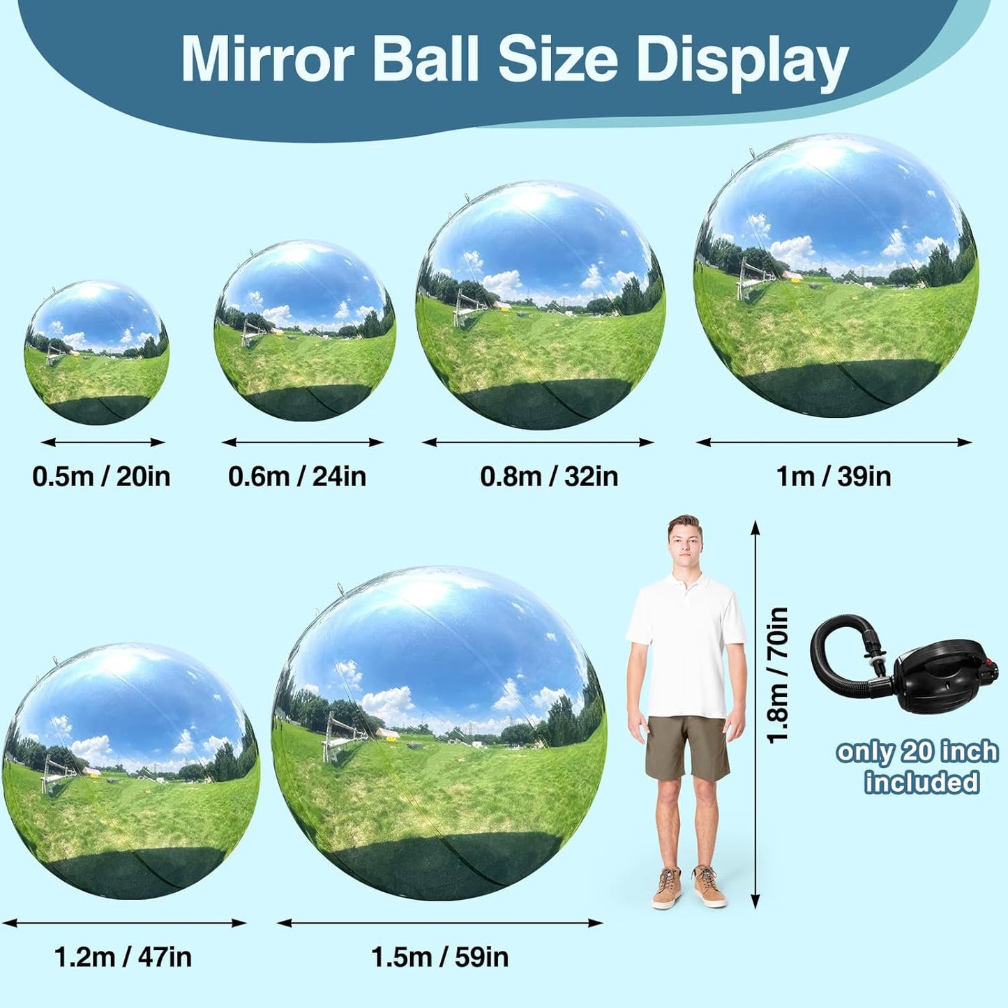 Inflatable Mirror Ball, Silver Big Shinny Balls Reusable Large PVC Disco Ball Balloon for Large Event Decoration, Party, Wedding Decor, Concerts, Stage (1 Pcs, 1m/39.4in Without Air Pump)