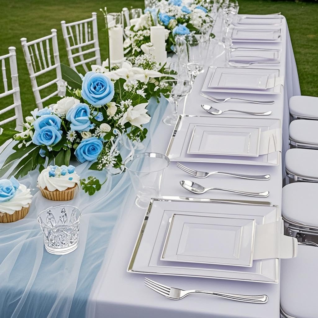 Festiva 350Pcs Silver Plates - Silver Square Plastic Plates 9 .5" and 6" - serve for 50 guests include 50 Cups 50Plastic Cutlery 50Hand Napkins Perfect for Party&Wedding&Birthday&Easter Day