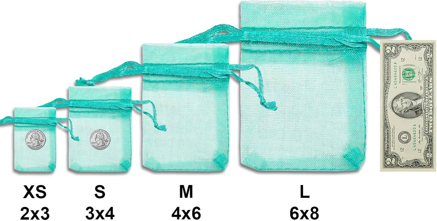 TheDisplayGuys 100-Pack 3x4 Teal Sheer Organza Gift Bags with Drawstring, Jewelry Candy Treat Wedding Party Favors Mesh Pouch