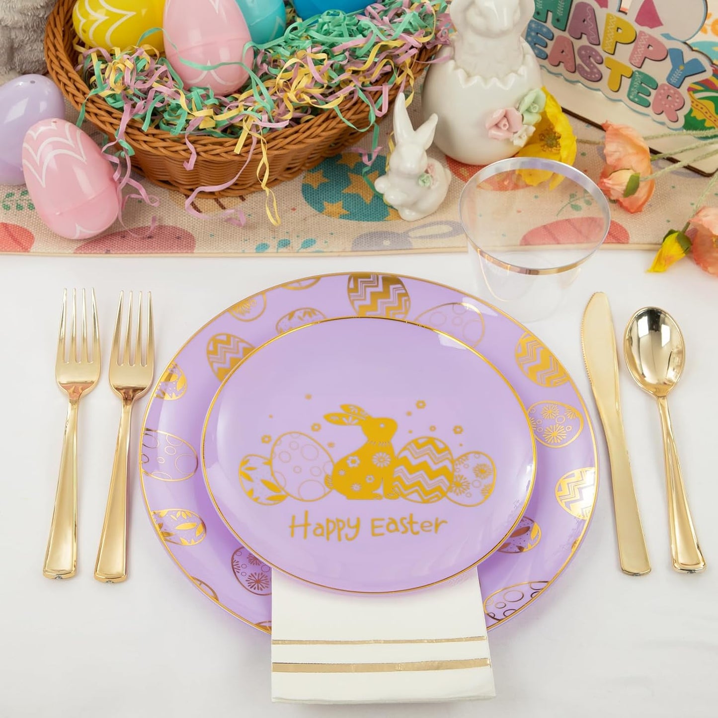 Festiva 175Pcs Easter Plates and Napkins Disposable - Purple and Gold Plastic Dinnerware Set for 50 guests include 50 Plates 25Cups 25Plastic Silverware 25Napkins Perfect for Easter Party