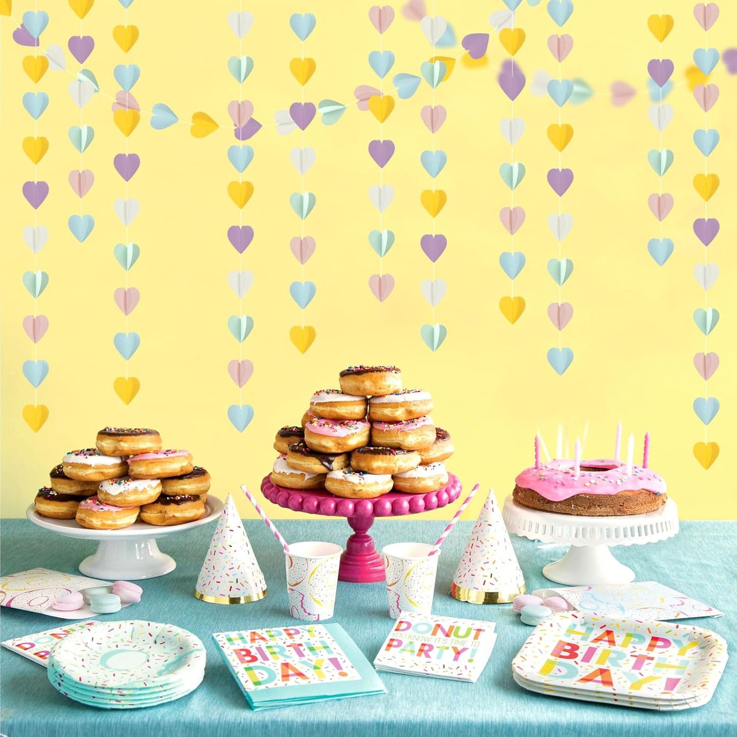 Pastel-Rainbow Party-Decorations 3D Heart Garland - 39Ft Yellow Blue Pink Purple Mint Hanging Paper Streamers Banner, Engagement Wedding Bachelorette Baby Bridal Shower Decor Ouruola