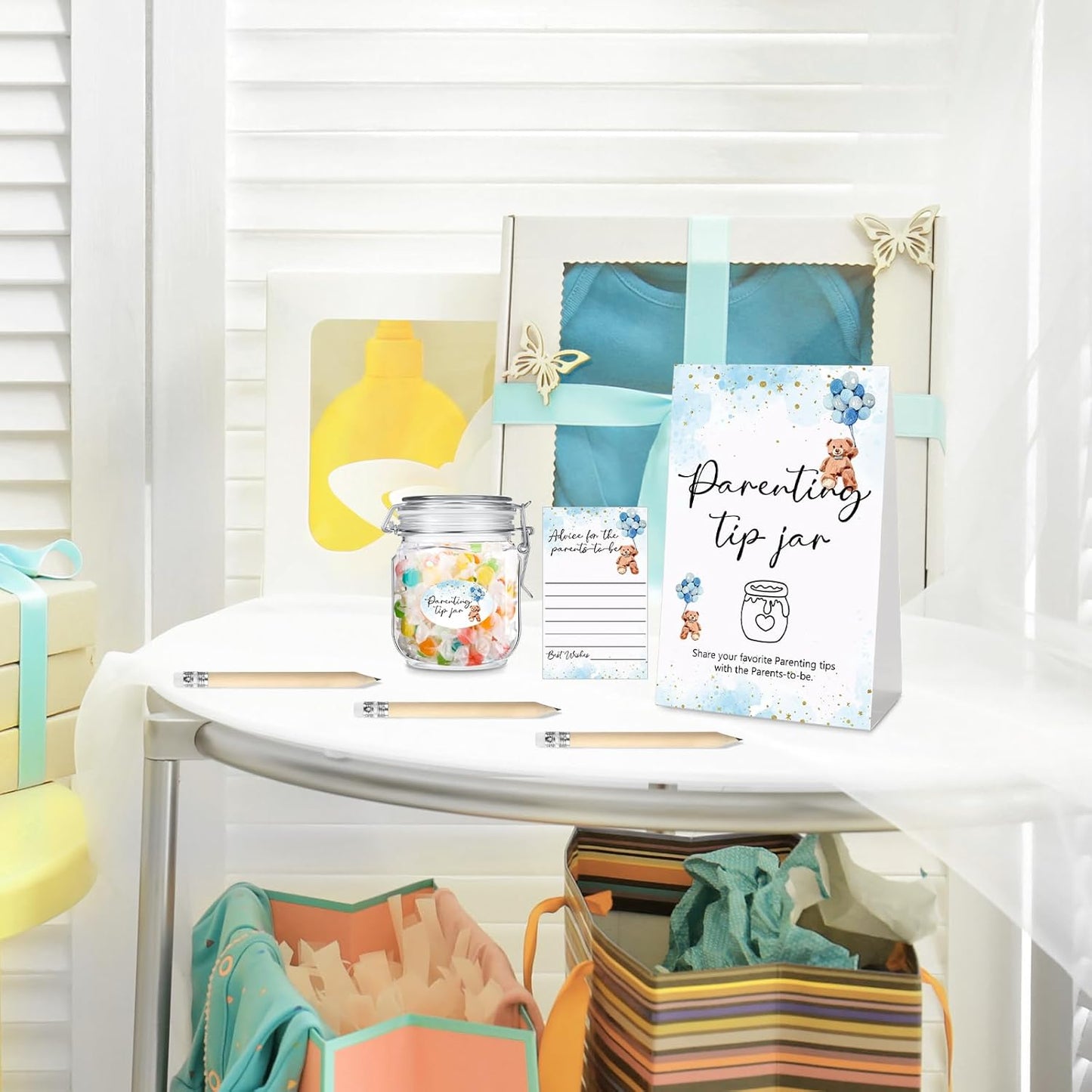 Roowest Baby Shower to Baby Advice Cards for New Parents to Be - Tip Jar Sign for New Parents 60 Parenting Advice Cards 10 HB Pencils 2 Cute Stickers 1 Pet Bottle for Guests Games(Blue Bear)