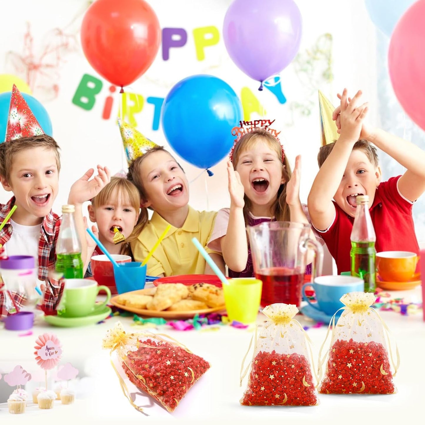 Hopttreely 100 Pieces Moon Star Organza Jewelry Candy Bags, 4x6 Inch Gold Organza Pouch Small Gift Bags with Drawstring for Christmas Party Favors Wedding Valentine's Day Eid Mubarak Party Favor Bags