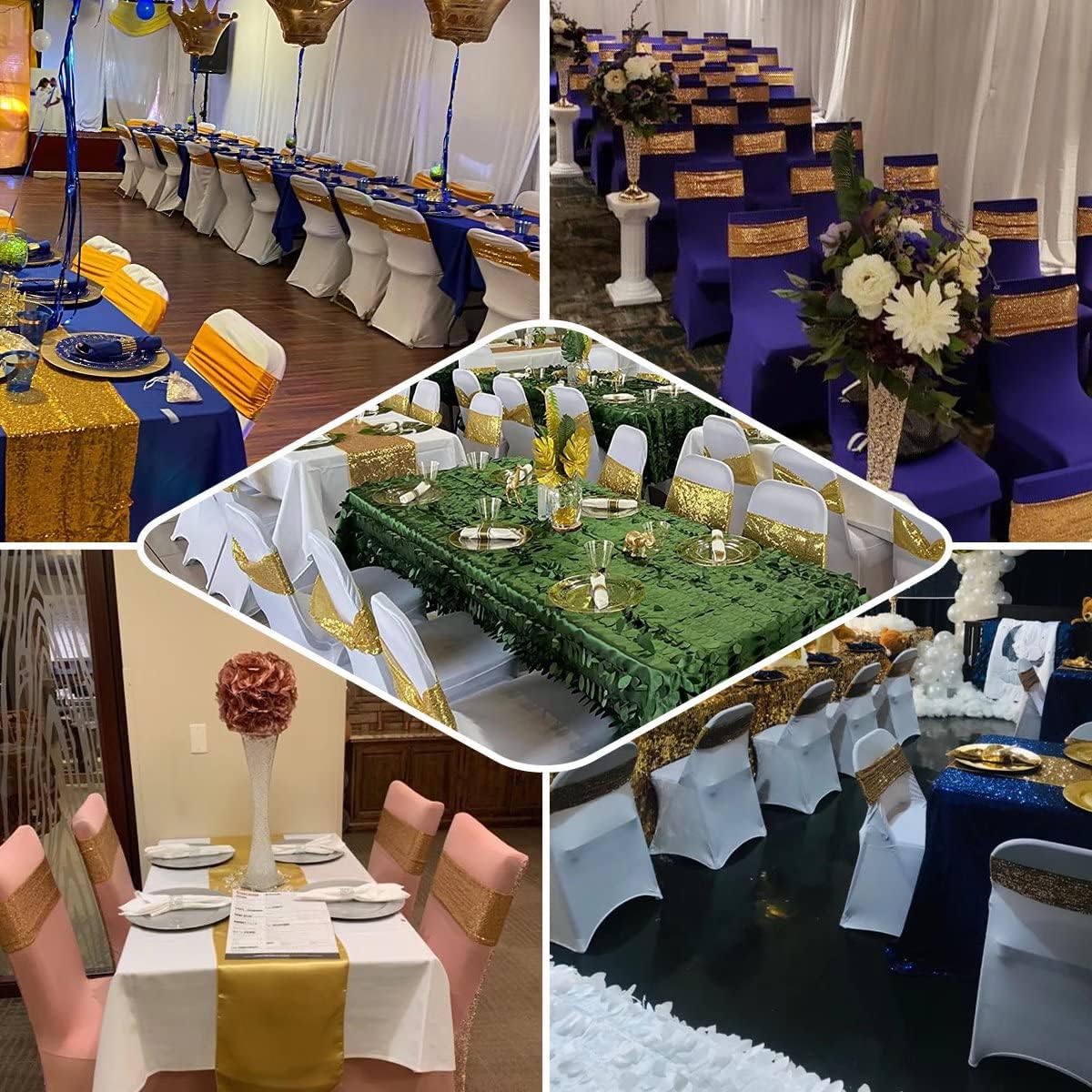 Chair Sashes Sequin Stretch Chair Bands Spandex Polyester Bows for Party Hotel Wedding Banquets Decoration - 6 Pcs Rose Gold