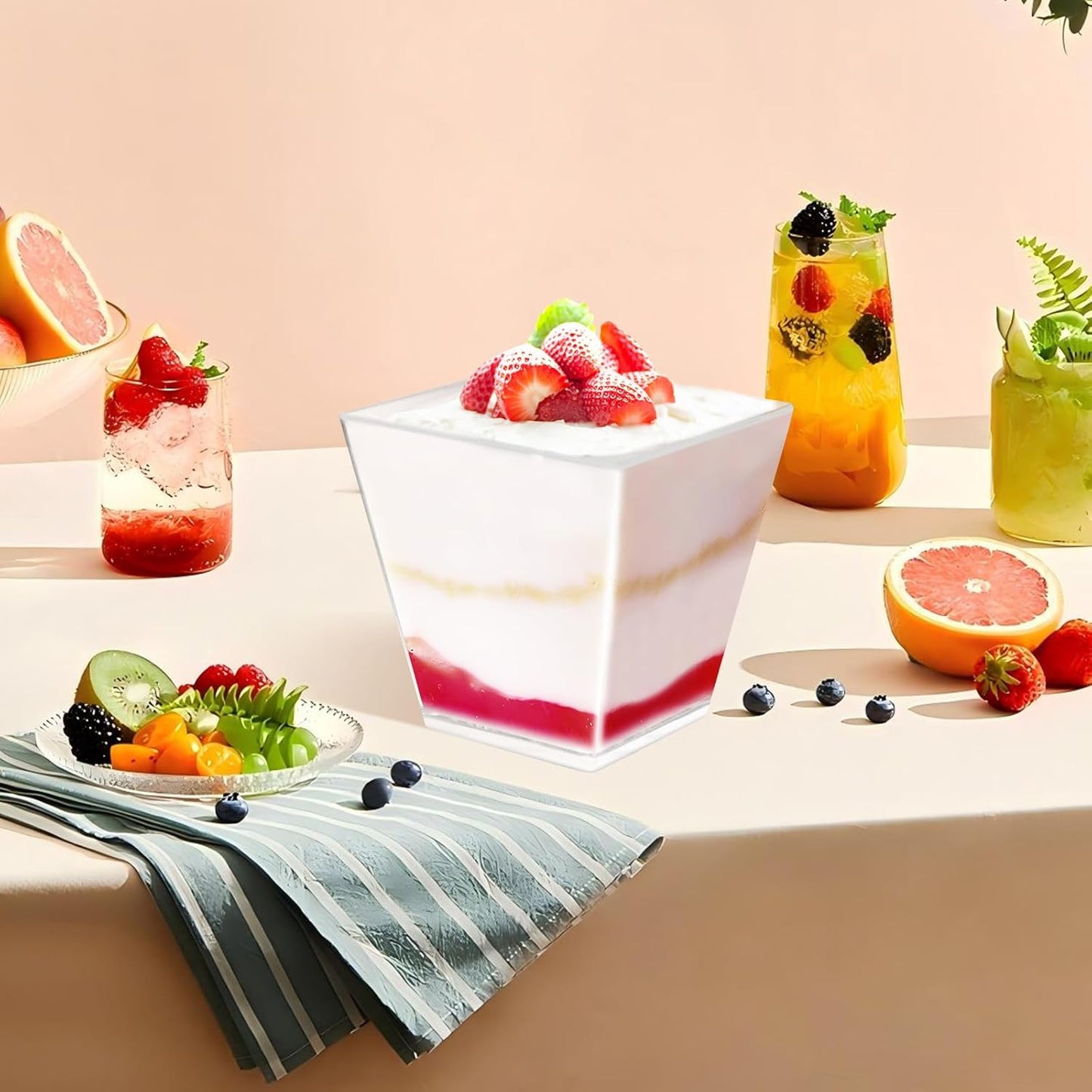 50 Pack 7 oz Clear Plastic Square Dessert Bowls with Spoons,Mini Disposable Parfait Cups for Yogurt, Ice Cream and Tasting,Serving Cups for Appetizer,Pudding,Party (7 oz)