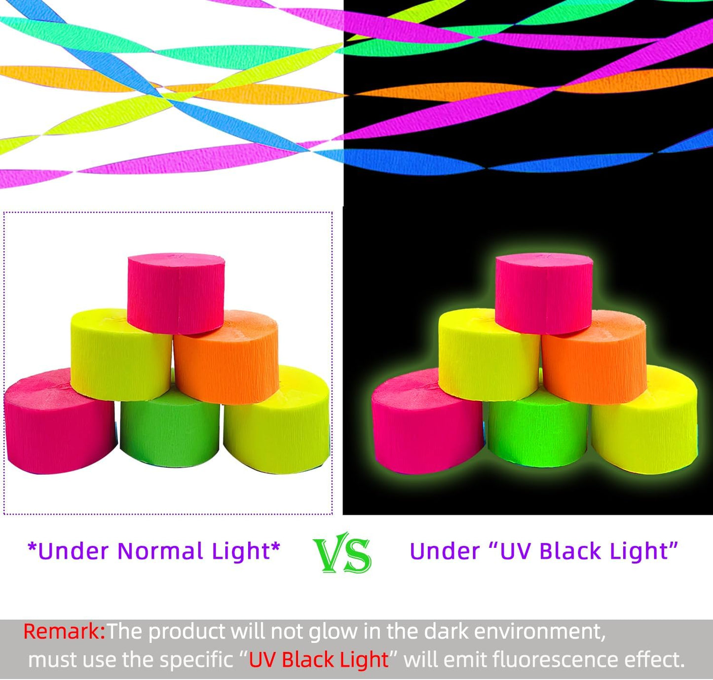 400 feet Glow Party Neon Streamer Decorations Glow Crepe Paper Streamers UV Reactive Fluorescent Neon Paper Streamers Glow in The Dark Party Supplies and Decorations Wedding Birthday Blacklight Party