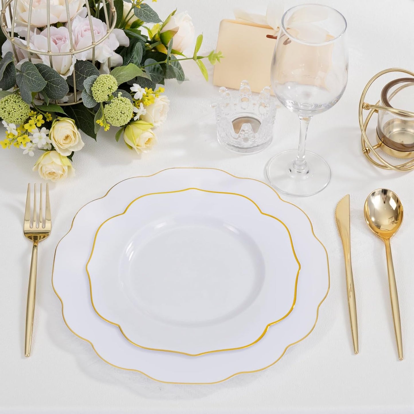bUCLA 180PCS White and Gold Plastic Plates Disposable - White with Gold Rim Dinnerware Set Include 30 Guests Dinner & Dessert Plates, Cups, Cutlery Set for Wedding, Party & Thanksgiving Table Decor