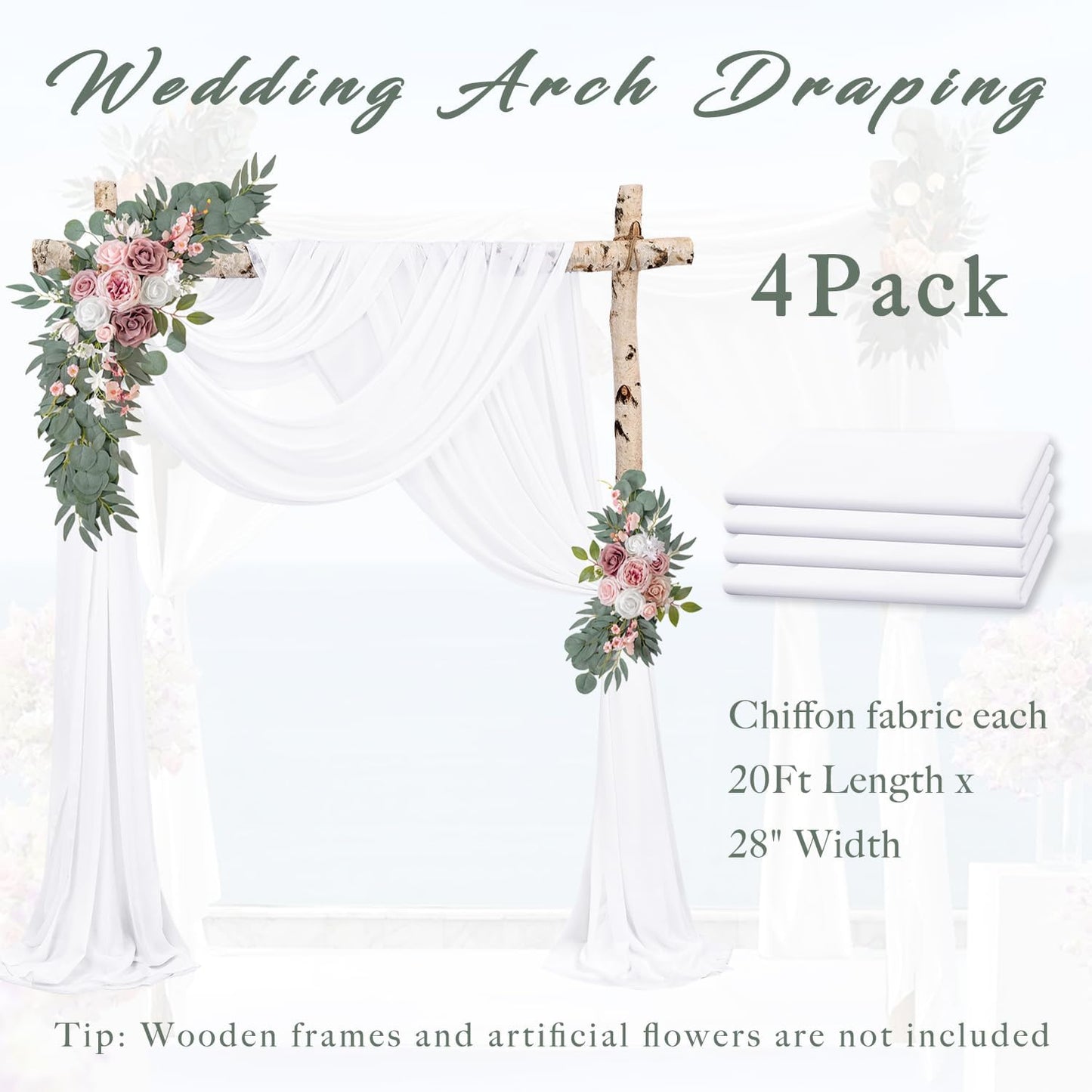Wedding Arch Draping Fabric 4 Panels 20Ft Length x 28" Width White Arch Drapes Chiffon Fabric Sheer Curtains Backdrop for Party Bridal Decorations Wedding Ceremony Ceiling Stage Reception Decor