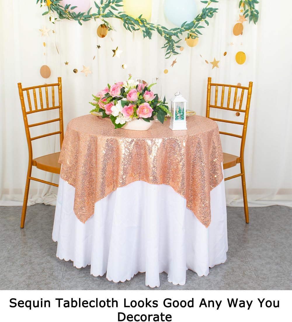 ShinyBeauty Rose Gold Tablecloths 36X36 Inch, 2 Pieces Sequin Table Cloth for Party Sparkle Table Cloth Square Rose Gold Shimmer Table Overlay Small Tablecloth Linen for Wedding, Birthday Tables