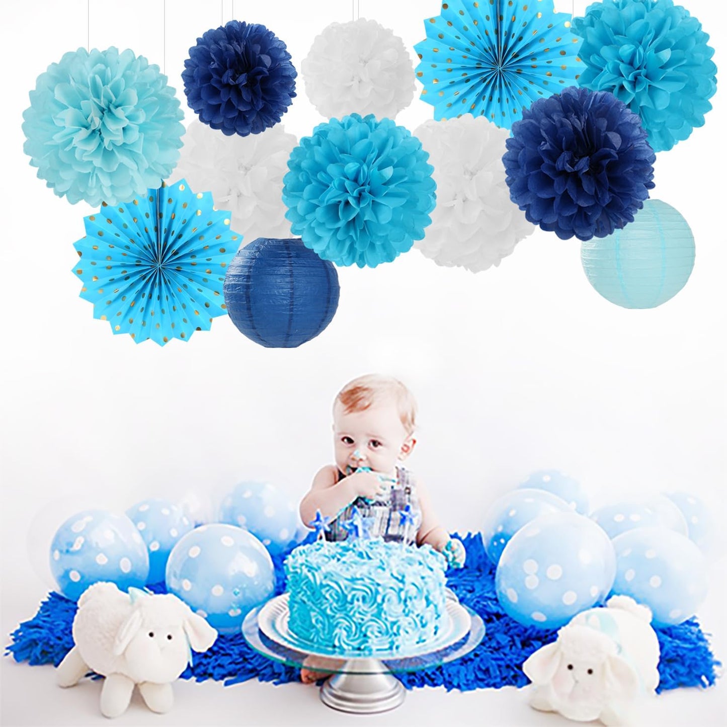 Light-Royal Navy-Blue White Party-Decorations - 20pcs Boy Baby Shower Paper Lanterns Fans,Tissue Pom Poms,Honeycomb Balls,Birthday Bachelorette Bridal Wedding Under The Sea Frozen Decor Burgleda