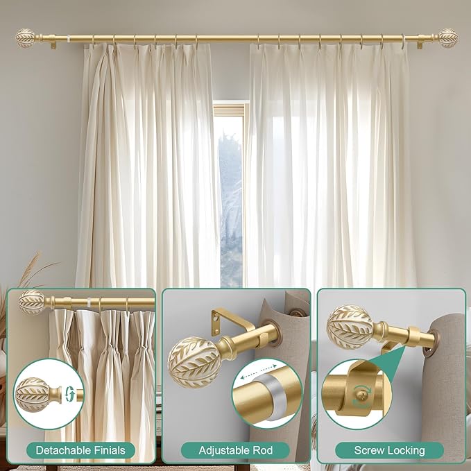 QDWIS 2 Pack Gold Curtain Rods for Windows 48 to 84 inch, Rustic Decorative - Image 9