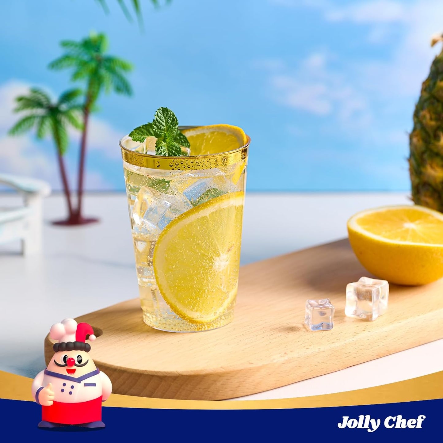 JOLLY CHEF 200 Pack 12 oz Gold Plastic Cups Elegant Gold Rimmed Disposable Cups Heavy-Duty Party Cups for Wedding & Party