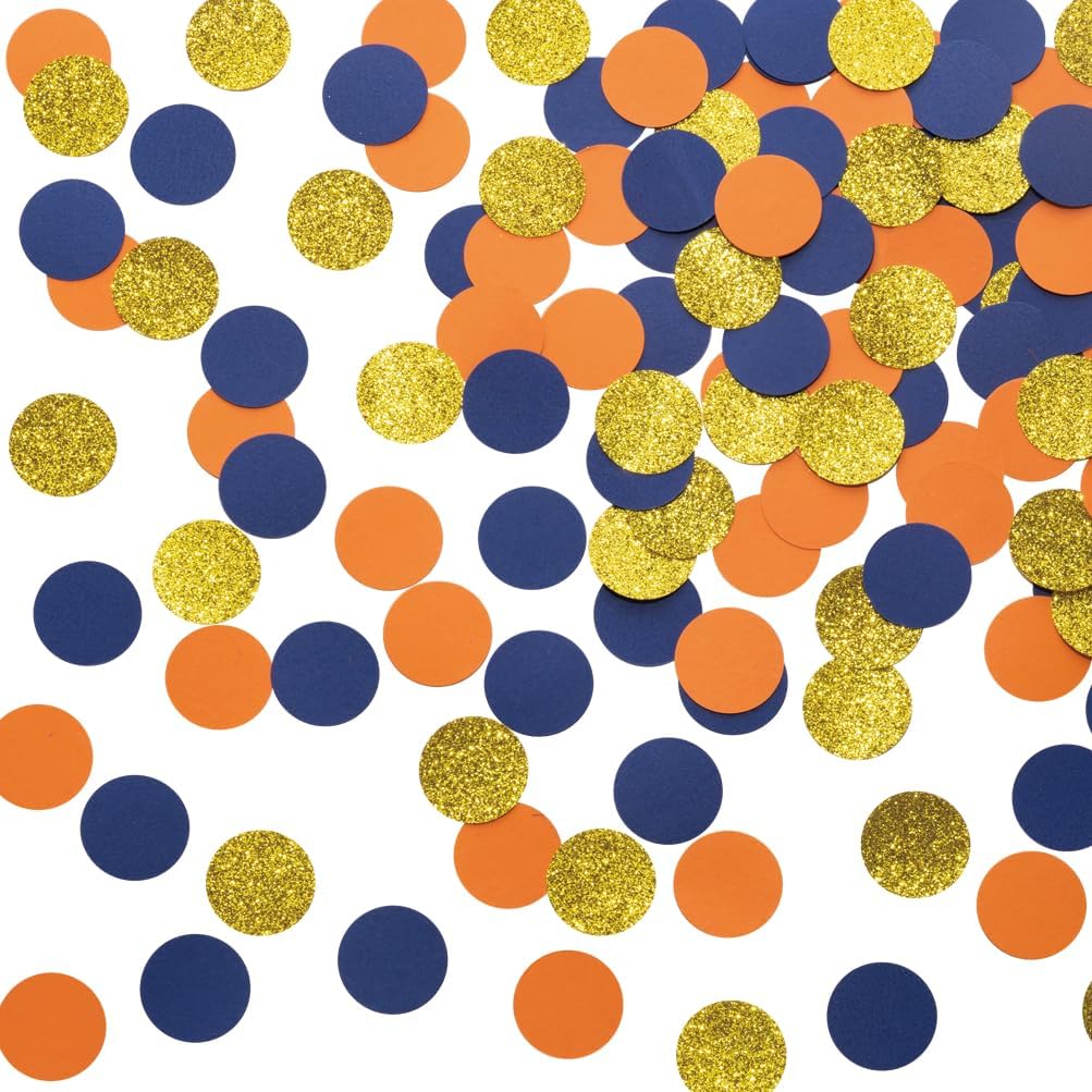 Gold Blue and Orange Confetti Table Decoration for Baby Shower Birthday Wedding Graduation Retirement Party, 1.2 inch in Diameter, 200 Counts