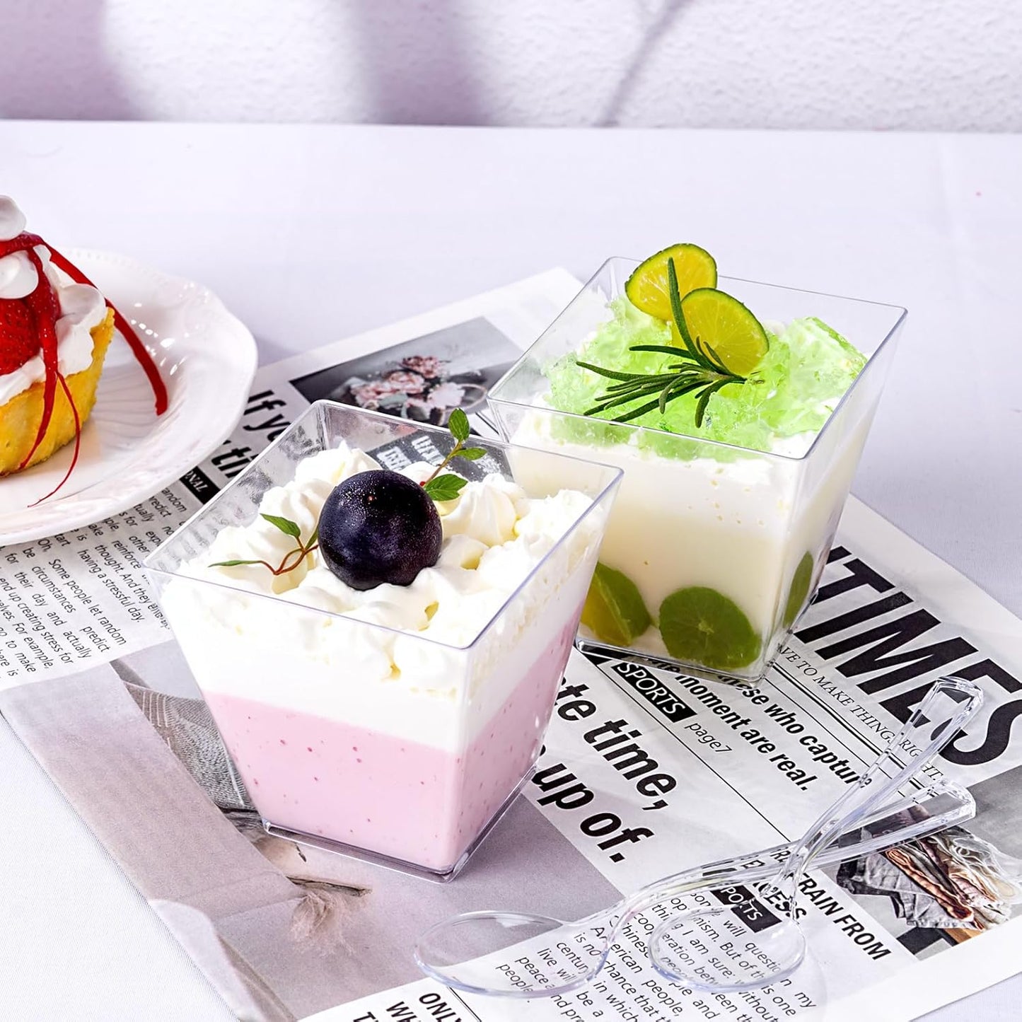 YOUBET 102 PCS Plastic Dessert Cups - 8oz Clear Square Cups - 51 Pack Mini Appetizer Cup with Tasting Spoons for Pudding, Fruit, Yogurt Parfait and Ice Cream