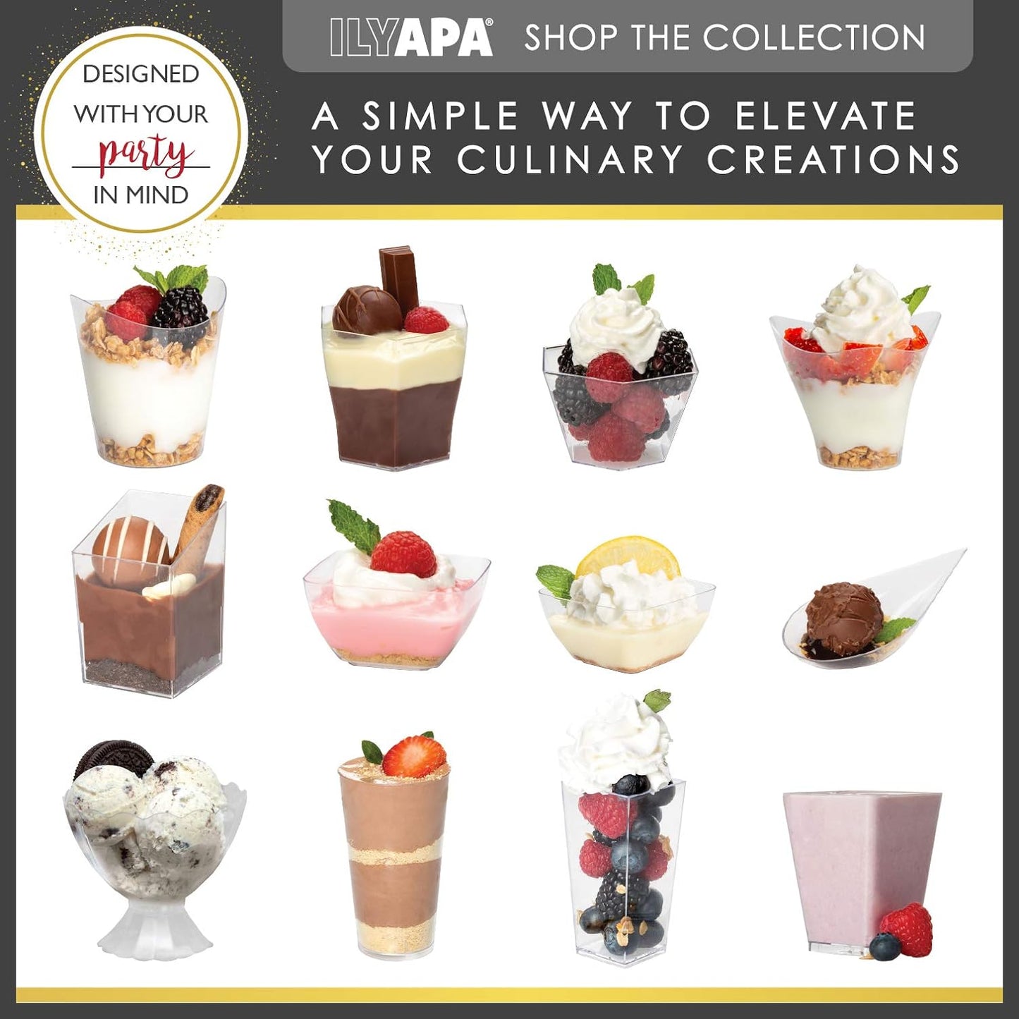 Ilyapa 3.5oz Plastic Dessert Cups - 100 Pack Mini Dessert Cups with Spoons - Clear Reusable Small Appetizer Cup for Cheesecake Shooters, Chocolate Mousse - Party and Catering Supplies - Parfait