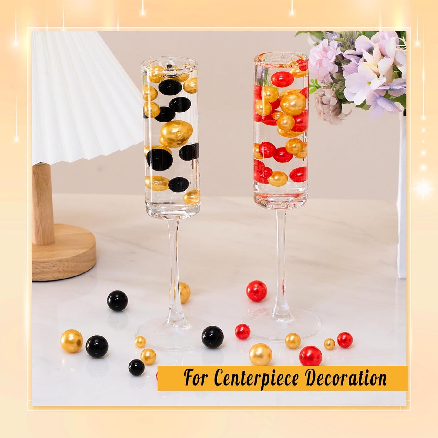 300Pcs Pearl Vase Filler, Red Gold No Hole Faux Pearl Beads for Centerpieces Vases, Candle Centerpieces, Wedding Birthday Party Home Decor 8/10/14/20mm