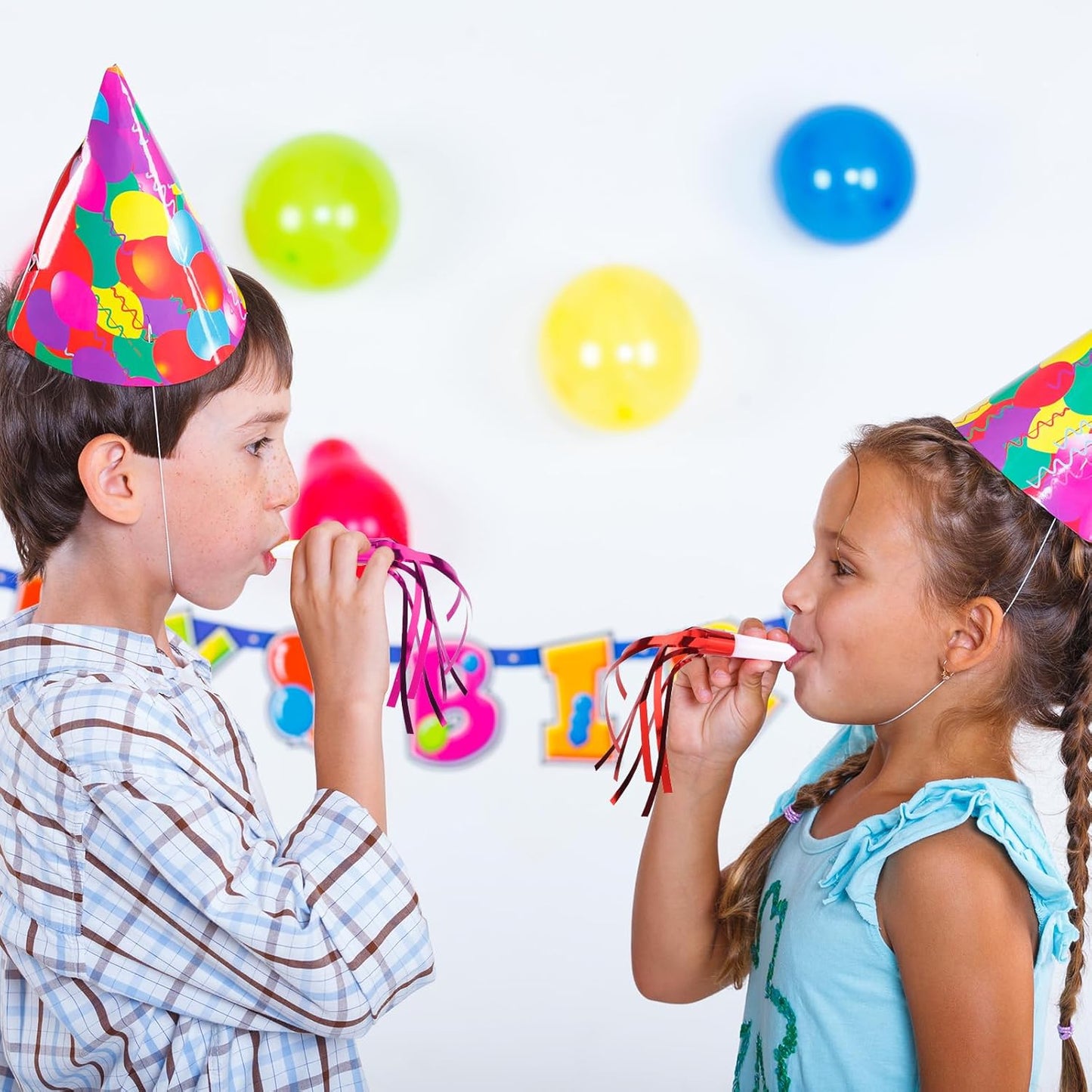 12pcs Glitter Fringed Party Blowers, Colorful Birthday Blow Horns Funny Noise Makers Party Favors Squawker Blowouts for Birthday New Years Graduation