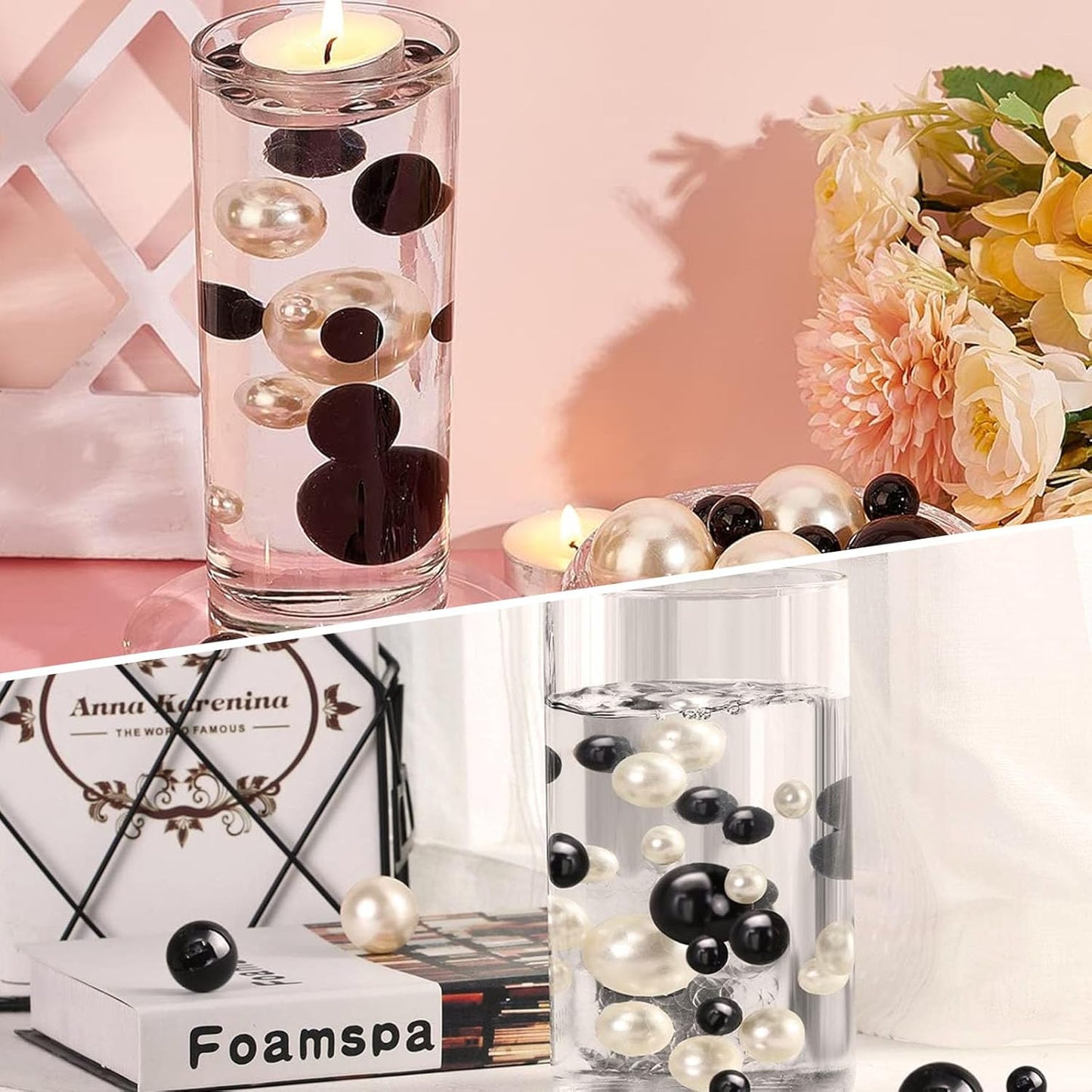 100PCS Black White Faux Pearls Beads for Centerpiece Vases, Vase Filler Faux Pearls, No Holes Filler Beads for Party Anniversary Birthday Wedding Table Decor, 14/20/30mm