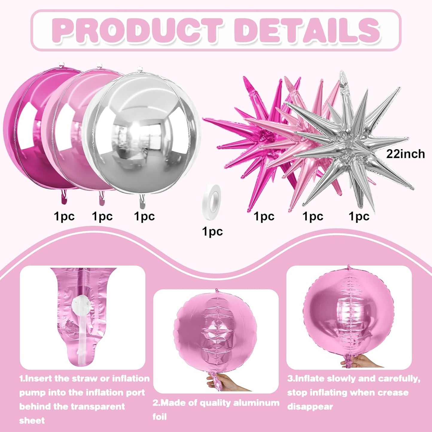 6Pcs Pink Silver Foil Balloons,22Inch Hot Pink Silver 4D Round Ball Balloon and Explosion Star Balloon for Birthday Wedding Baby Shower Anniversary Decorations