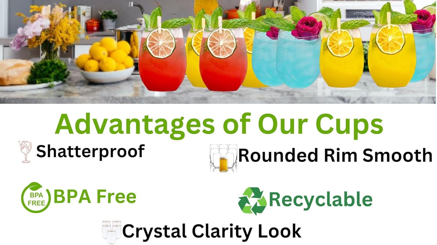 Oojami 36 piece Stemless Unbreakable Crystal Clear Plastic Wine Glasses Set of 36 (12 Ounces - Pink)