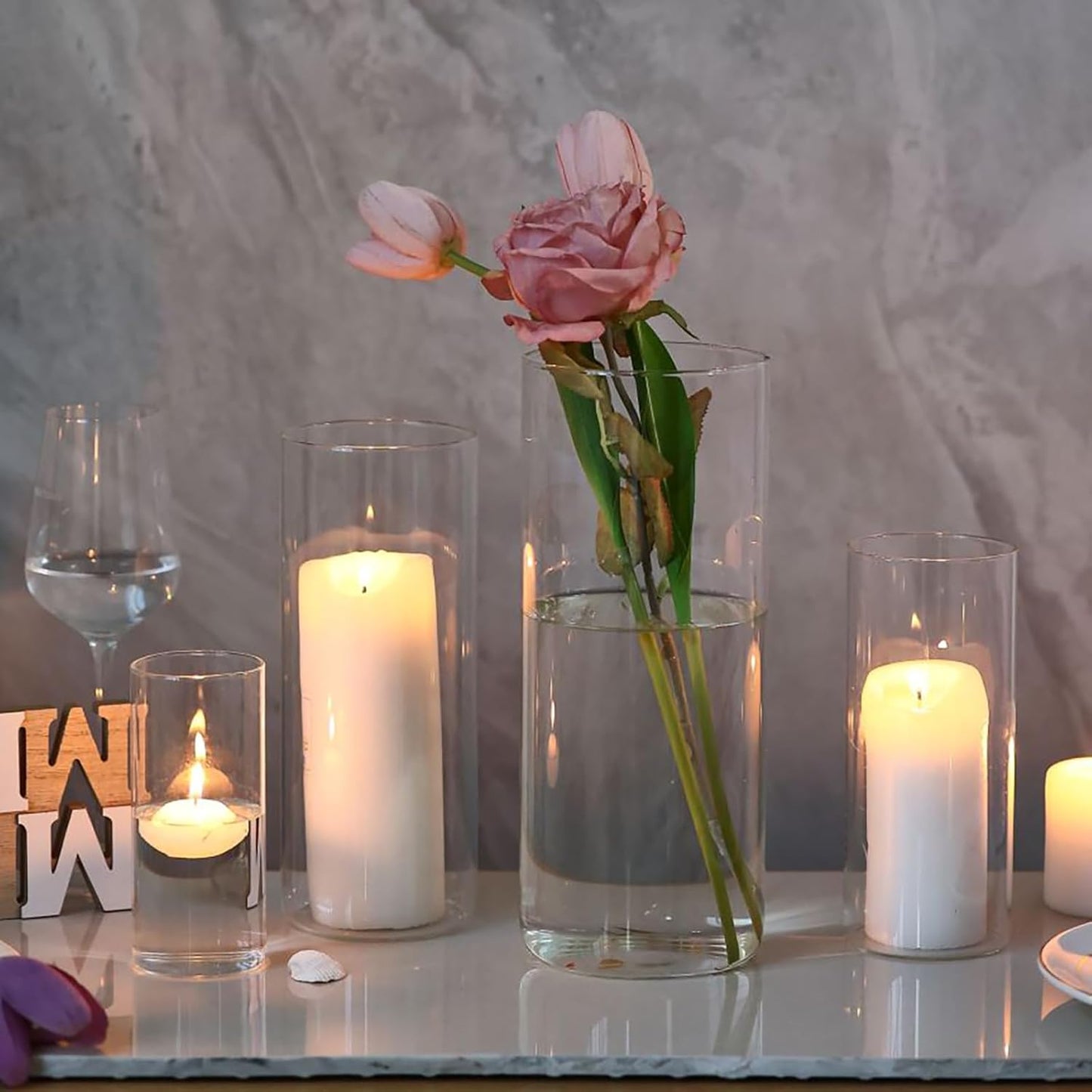 PHOSPHOR 24 PCS Glass Candle Holder - Hurricane & Pillar Candle Holder, Clear Glass Cylinder Vase for Centerpieces, Wedding & Party Decoration