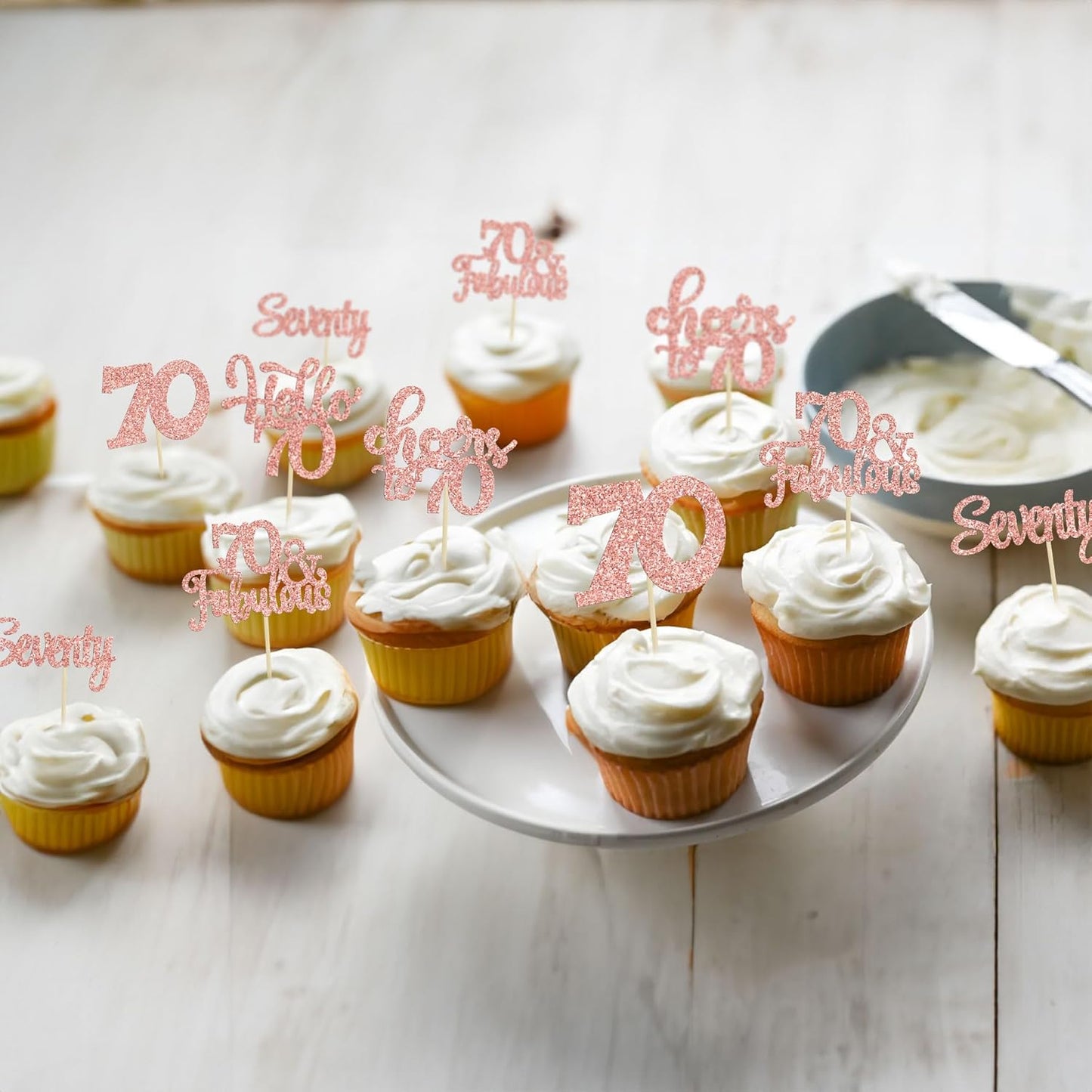 30Pcs Happy 70th Birthday Cupcake Toppers Seventy Cheers to 70 Years Old Birthday Cupcake Picks for 70th Birthday Anniversary Party Cake Decorations Supplies Rose Gold Glitter