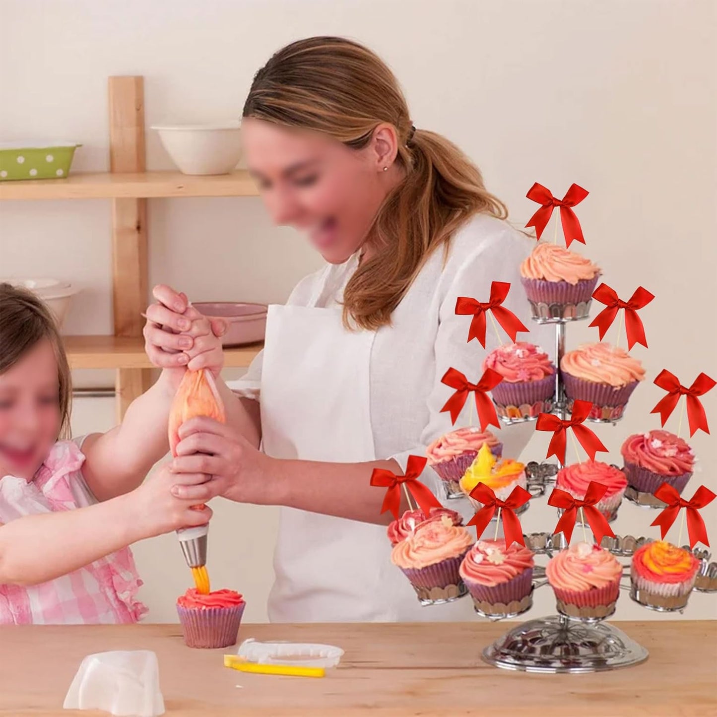 Ephlyn 24Pcs Red Bow Cupcake Toppers Bow Cake Topper Birthday Decorations Mini Bowknot Cupcake Picks for Coquette Theme Party Decoration Bachelorette Bridal Engagement Wedding Party Red