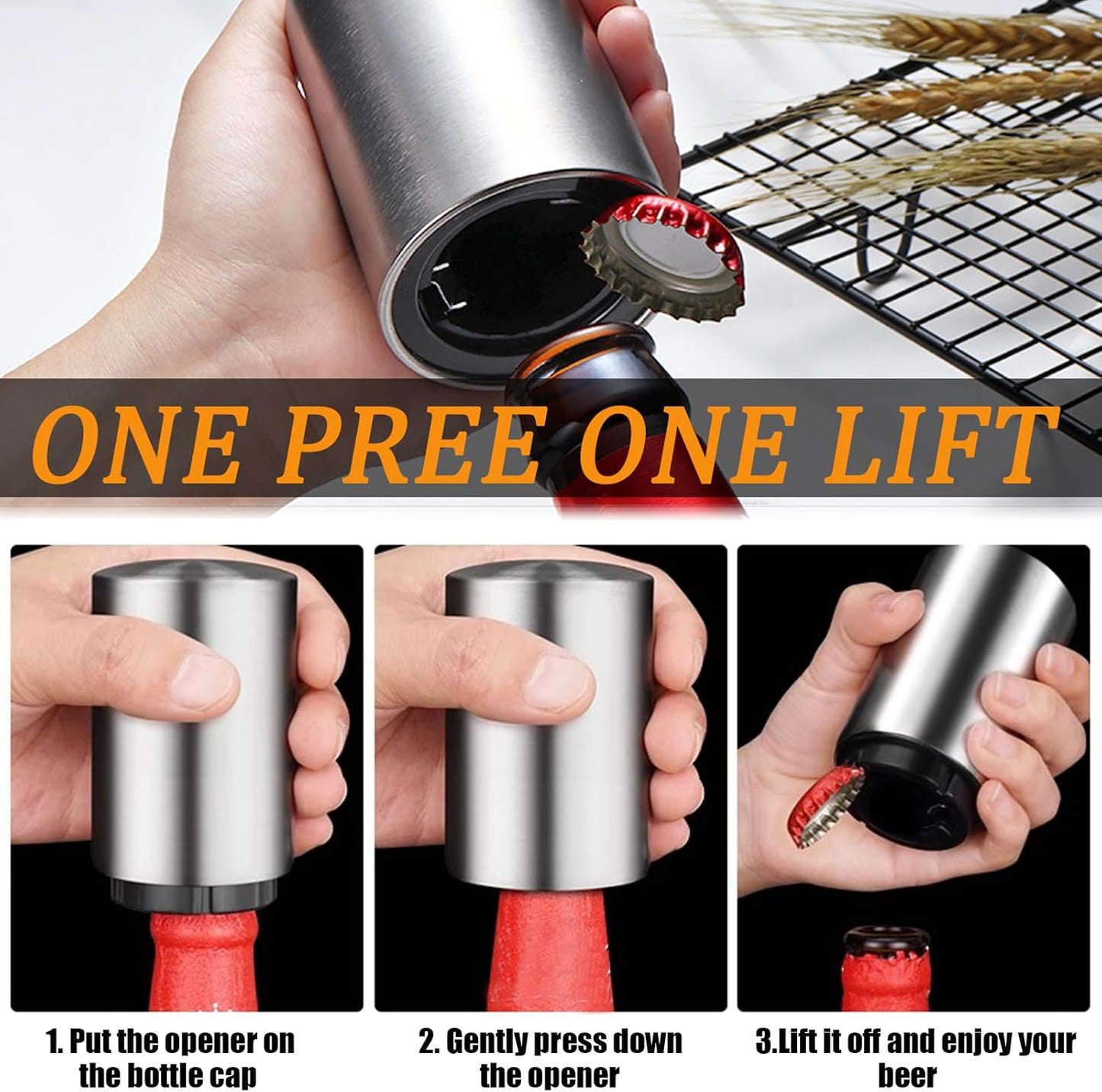 Premium Automatic Beer Bottle Opener (Stainless Steel), No Damage to Caps, Portable Push Down and Pop Off Magnetic Cap Catcher, QUICK Fun Bartender Openning Tool for Corkscrew Lid Home Bars Kitchen