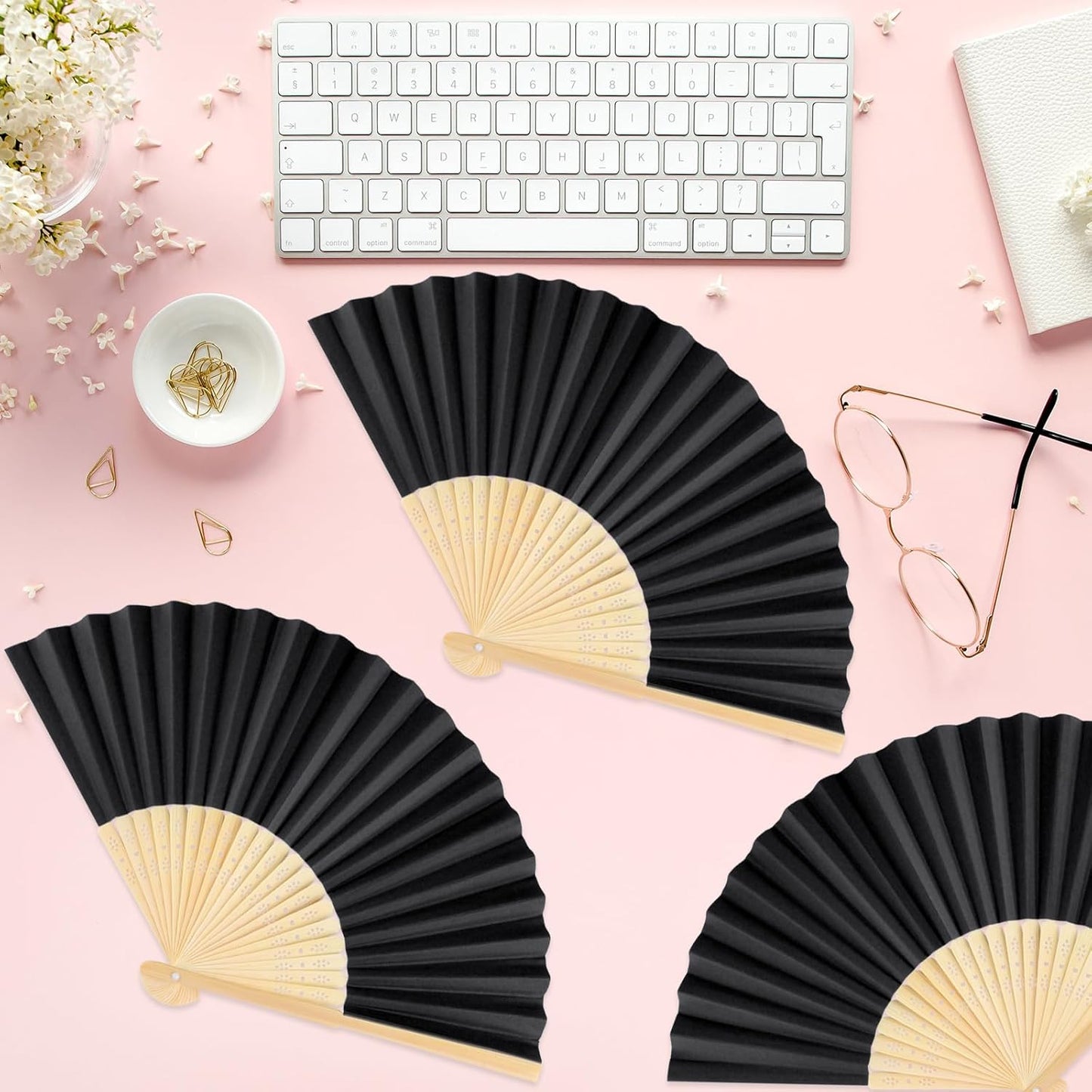 48 Pieces Black Hand Held Bamboo Folding Fans Paper Fans Handheld for Women Foldable Girls Wedding Decoration Church Home Party Favors Summer