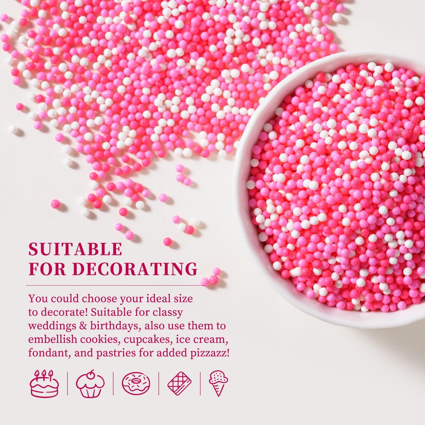 Pink Sprinkles for Cupcakes, 2 mm Pink and White Pearl Sprinkles, Nonpareils Sprinkle for Cookies, Cake, Ice Cream, Macarons, and Baking(120g/4.23oz)