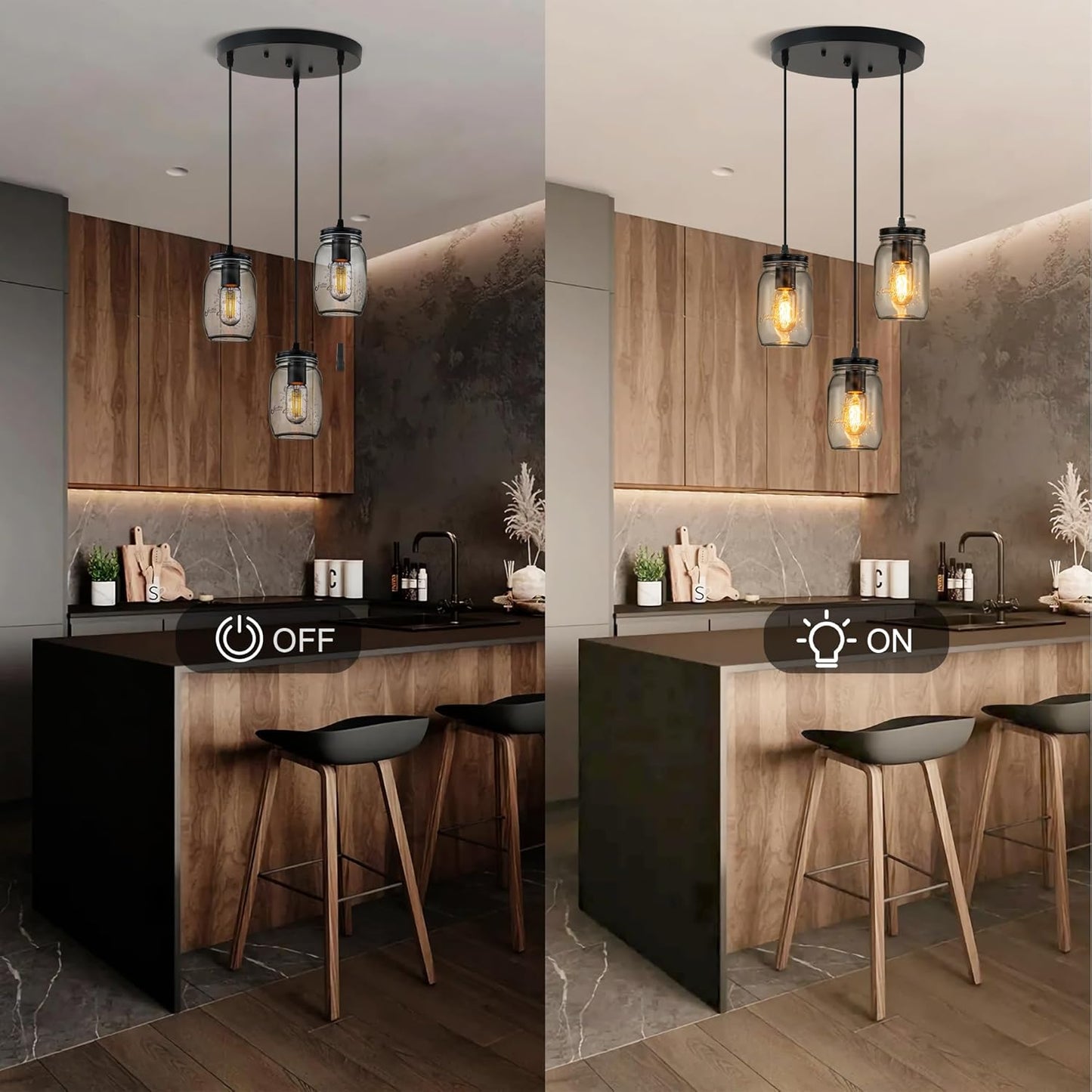 Kitchen Island Light, Adjustable Pendant Lighting,Glass Mason Jar Hanging Lamp (3-Light)