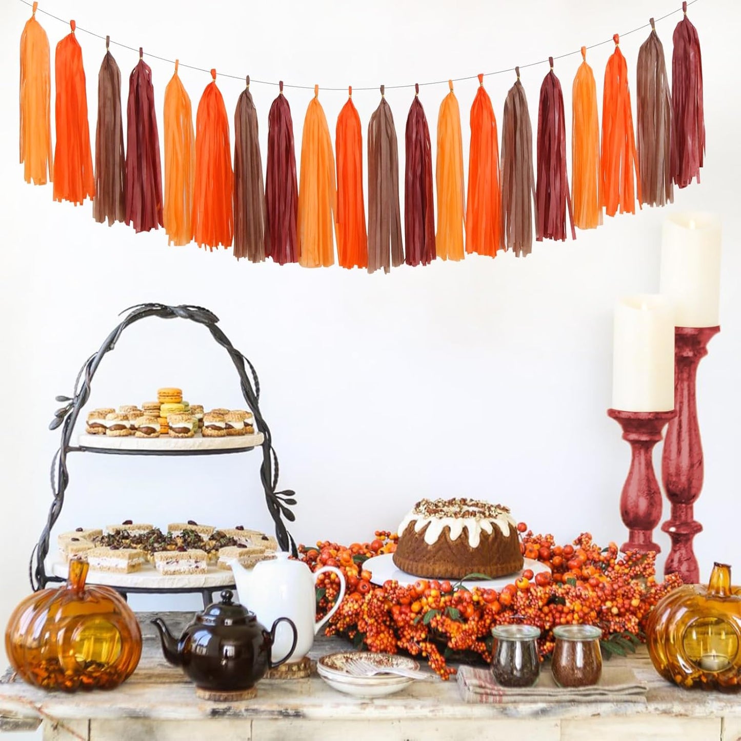 Brown Burgundy Orange Party-Decorations Tassel-Garland - 20pcs Fall Autumn Thanksgiving Harvest Tassels, Rustic Boho Wedding Birthday Baby Shower Decor Panduola