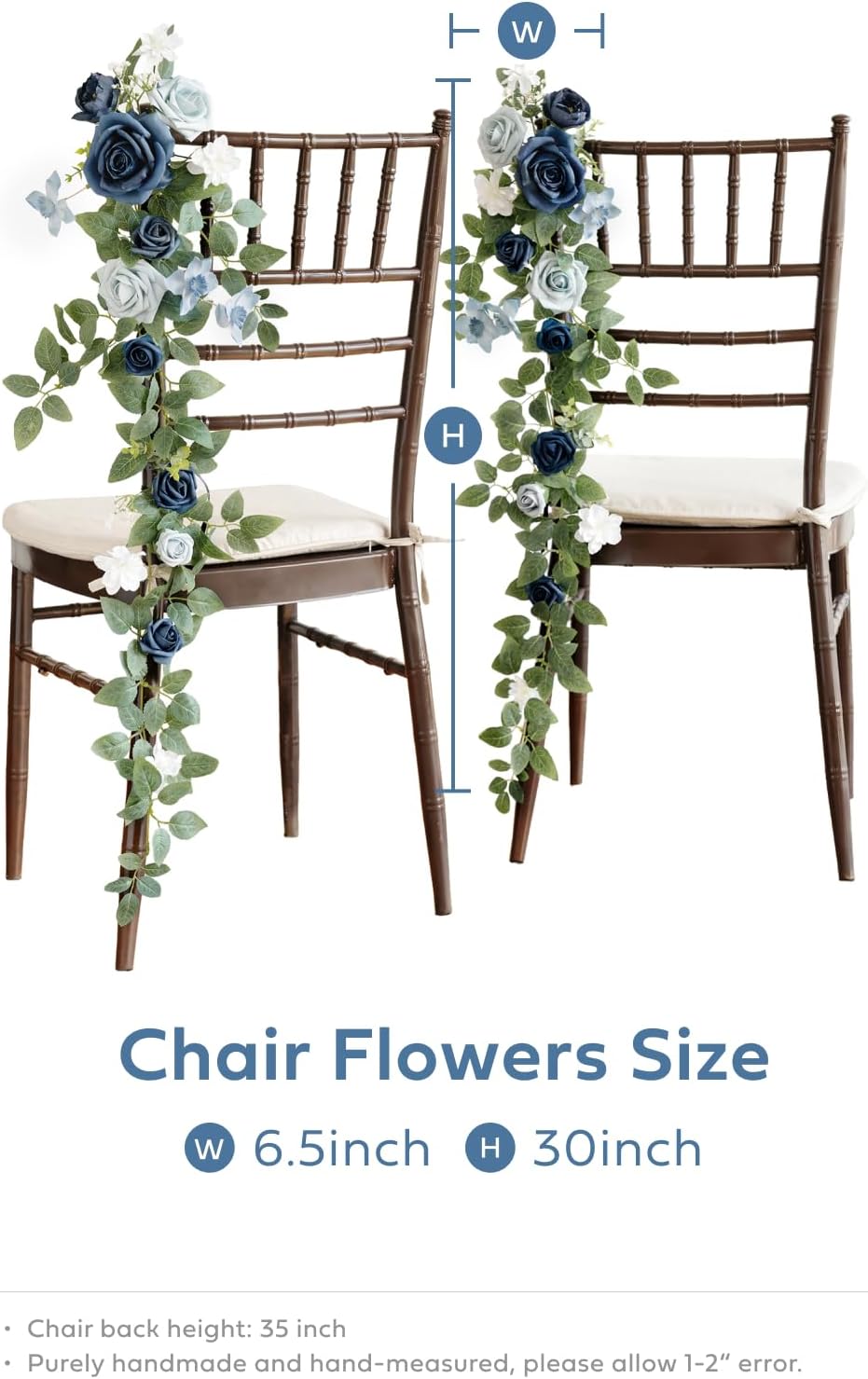 Ling's Moment 10pcs Wedding Chair Decorations Aisle Floral Swag Artificial Pew Flowers Hanging Garland Dusty Blue & Navy for Ceremony Reception Church Rose Floral Faux Arrangement Party Outdoor Decor