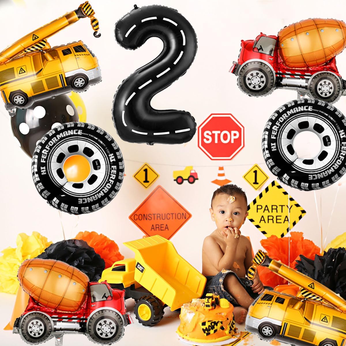 2nd Birthday Decorations for Boys Construction Balloons 40inch Number 2 Balloons Truck Foil Balloon for Construction Birthday Party Decorations Supplies