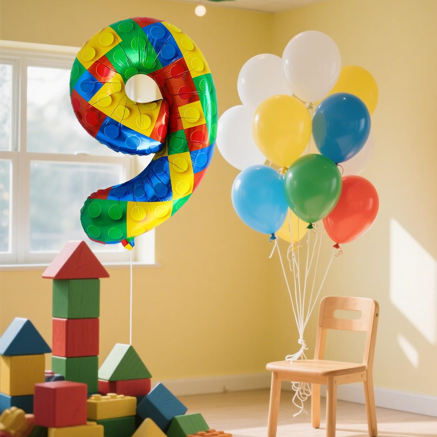 32 Inch Stackable Block Number Balloon – Colorful Brick Building Themed Big Helium Digits for Kids Birthday Party Decorations (Building Block, Number 9)