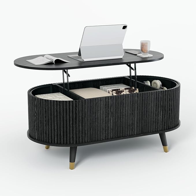 SULIVES Oval Coffee Table with Storage, Small Fluted Center Table - Image 9
