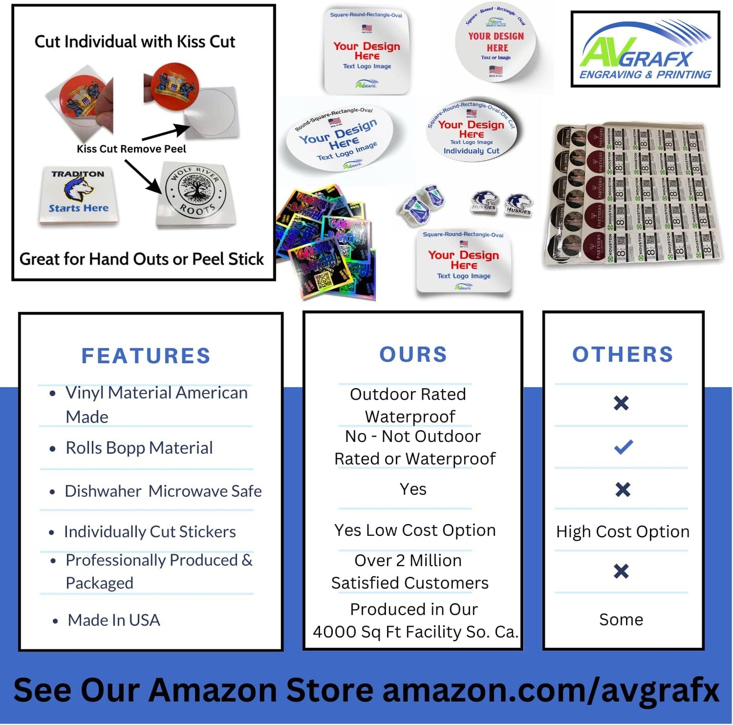 Avgrafx 120 3" Custom Personalized Stickers Labels Vinyl Waterproof Dishwasher Safe, Made USA, Any Text or Image